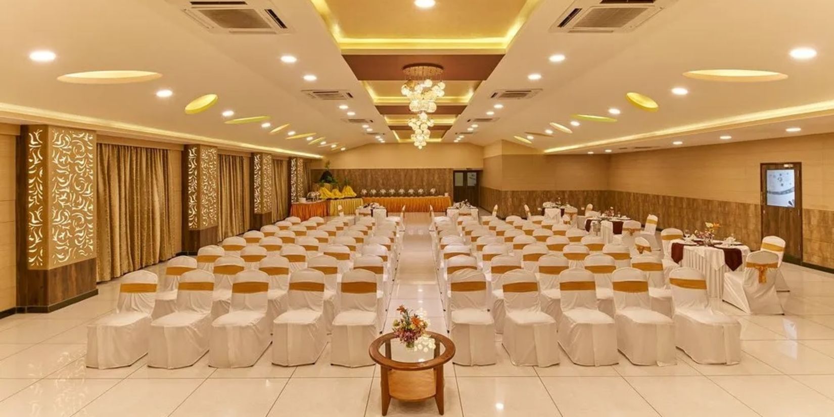 Banquet hall with huge space and elegant furniture