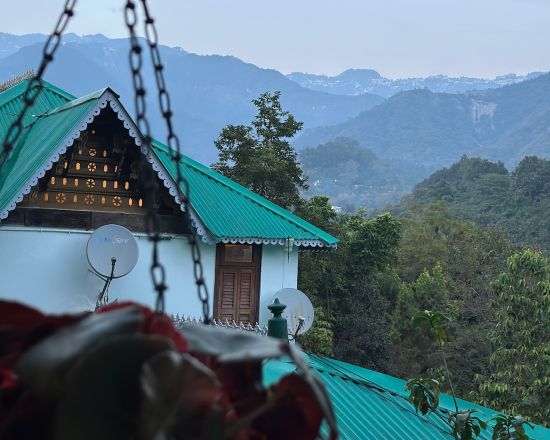 alt-text View from a porch with a hanging flower basket in focus, overlooking a tin-roofed building with hill ranges stretching into the distance.