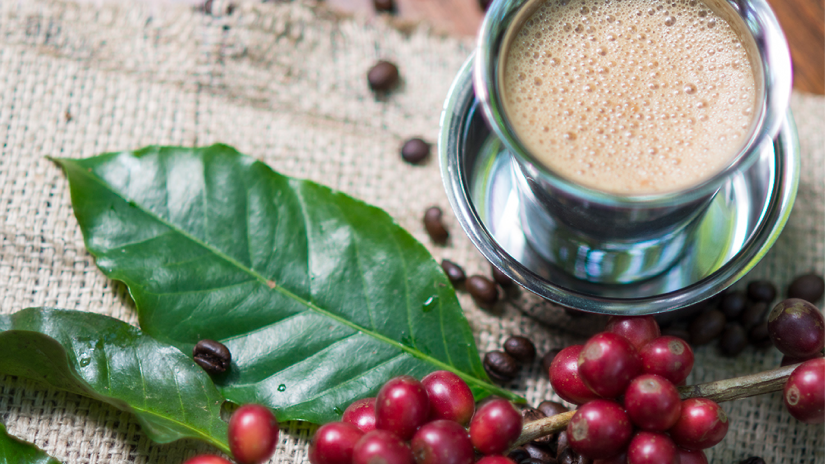 a cup of coffee alongside coffee beans