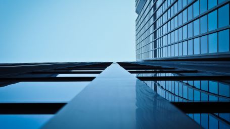 A view of an office building from below