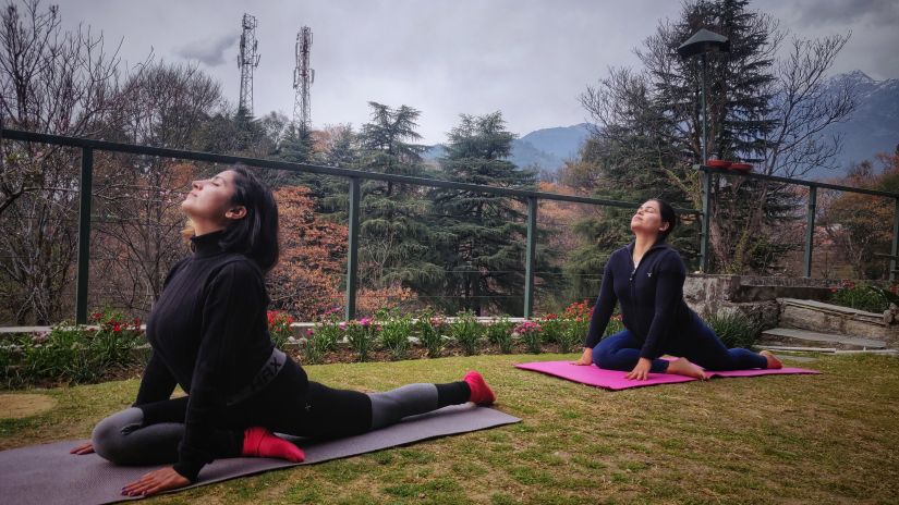 Two women performing yoga in a garden, surrounded by flowers and mountains.