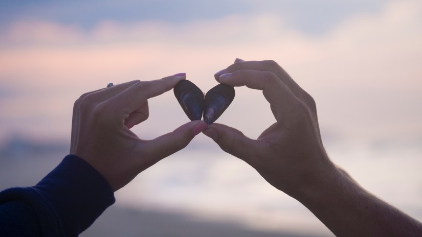 couple holding two pebbles in the shape of a heart