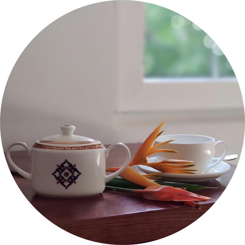 Teapot and cup on a table near a window with a flower-Amanvana Spa Resort, Coorg - Luxury Resort