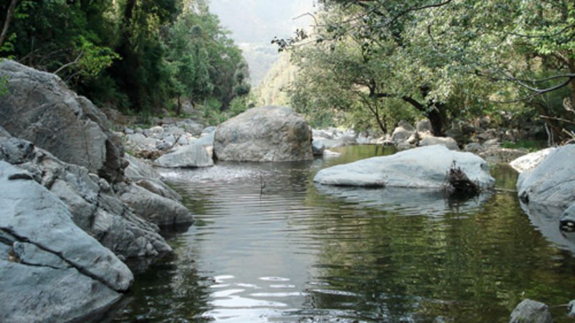 View of River at Talla in Ramgarh surrounded by large stones and trees 2