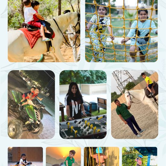 Collage of kids and adults enjoying different activities at Themis Mudhouse- A Nature's Wellness Resort