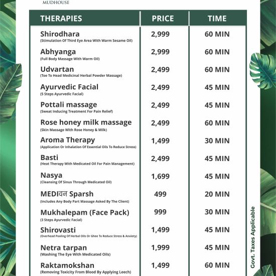 Tariff card for wellness treatments  at Themis Mudhouse- A Nature's Wellness Resort