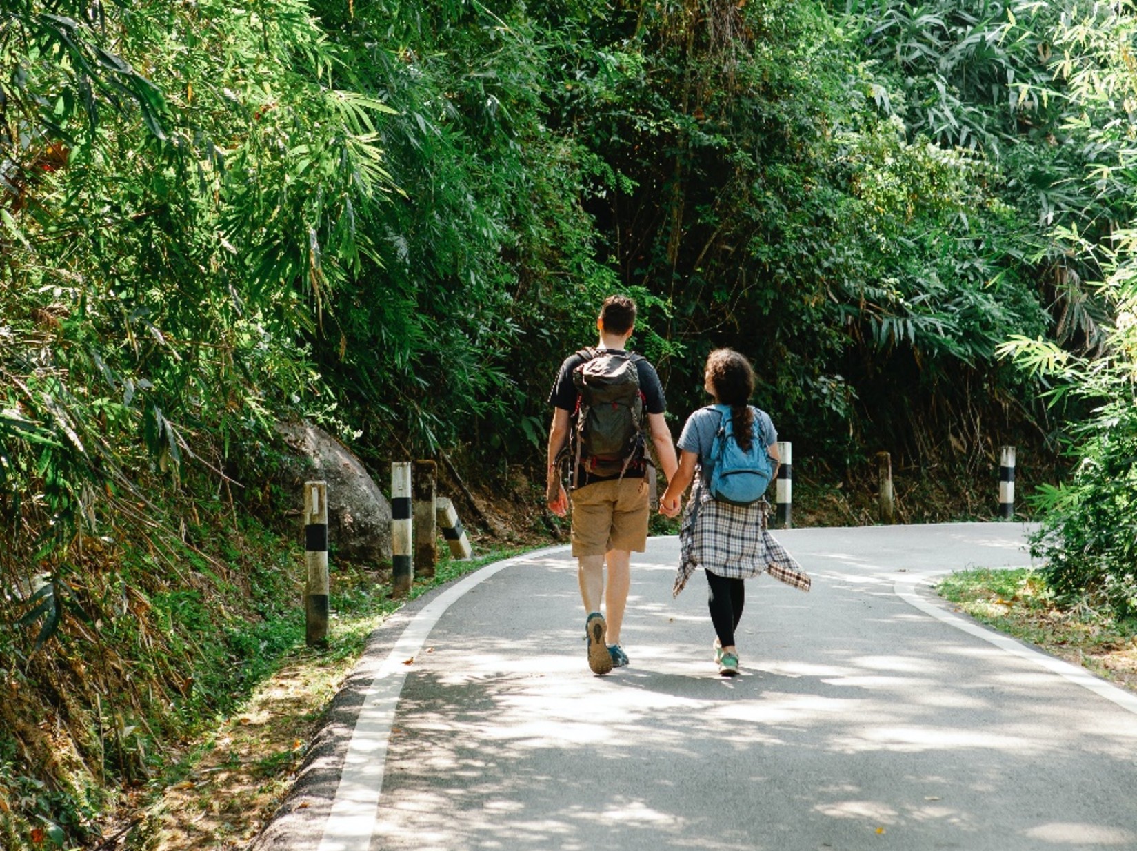 2 persons taking a walk down a road surrounded by greenery