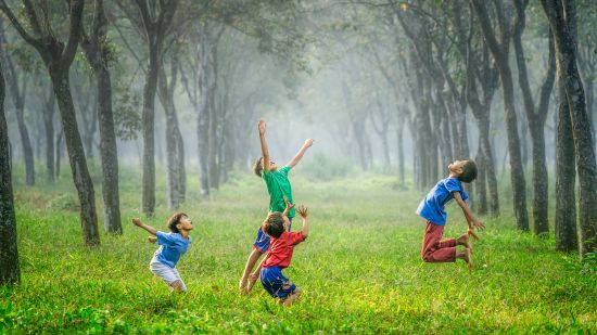 A group of children playing in a garden with trees surrounding it - Best vacations near Delhi