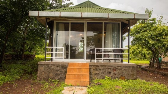 A modern glass-fronted cabin with a porch, surrounded by lush greenery.