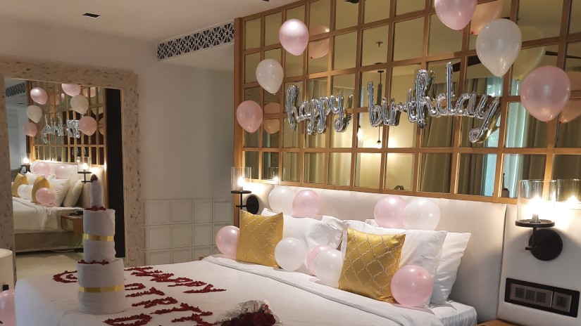 a room decorated for a birthday celebration in goa 2