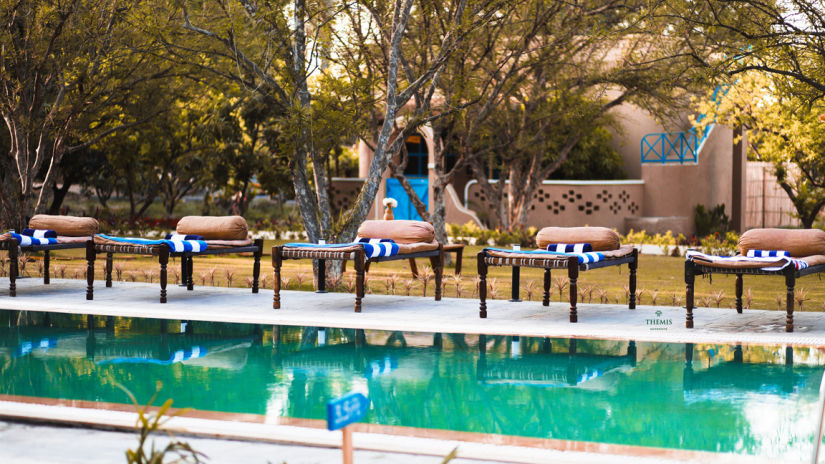 lounge beds placed along the swimming pool at Themis Mudhouse - A Nature's Retreat Resort & Wellness