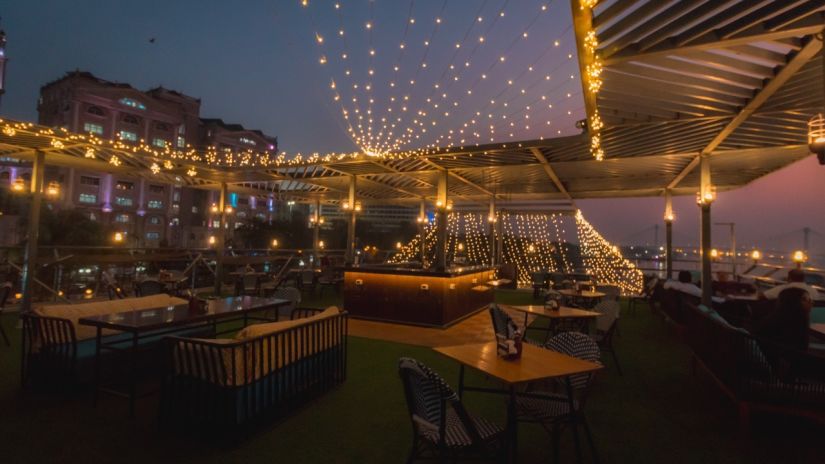 Lights decoration across the restuarant Sky Grill that offers unique dining in Kolkata