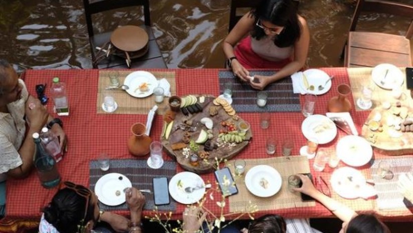 Top down shot of people having a meal