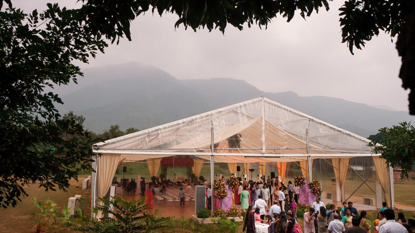 overview of the wedding tent area with decoration at Black Thunder, Coimbatore