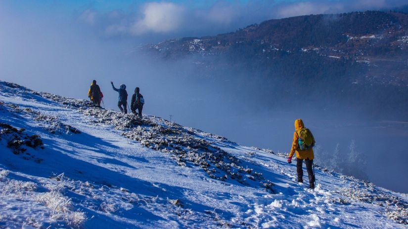 A group of people trekking on a snow-covered mountain