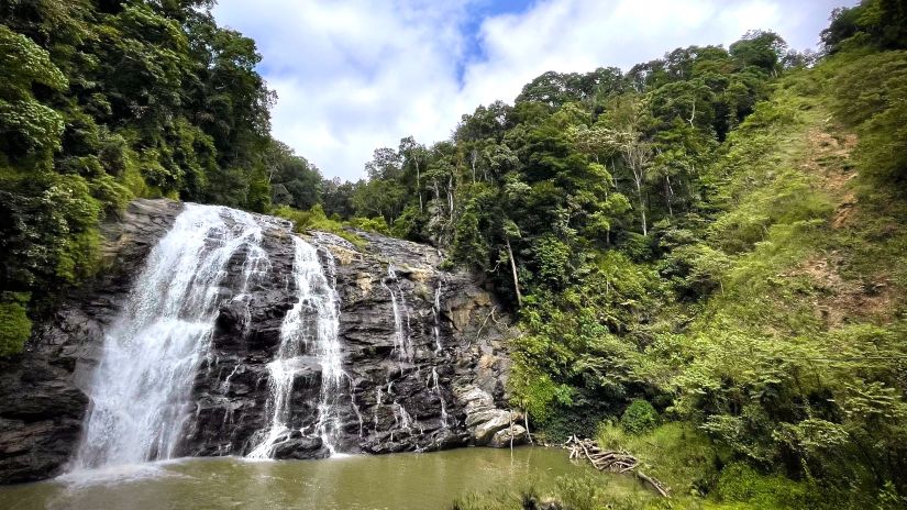 An overview of Abbey falls that is surrounded by greenery and blue skies in the background