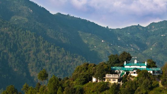 A magical view of the resort perched on the hill  of Kumaon Hills covered with  trees during the day 