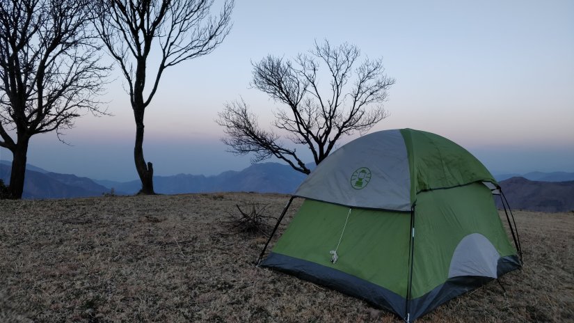 Tent on a hill with trees nearby