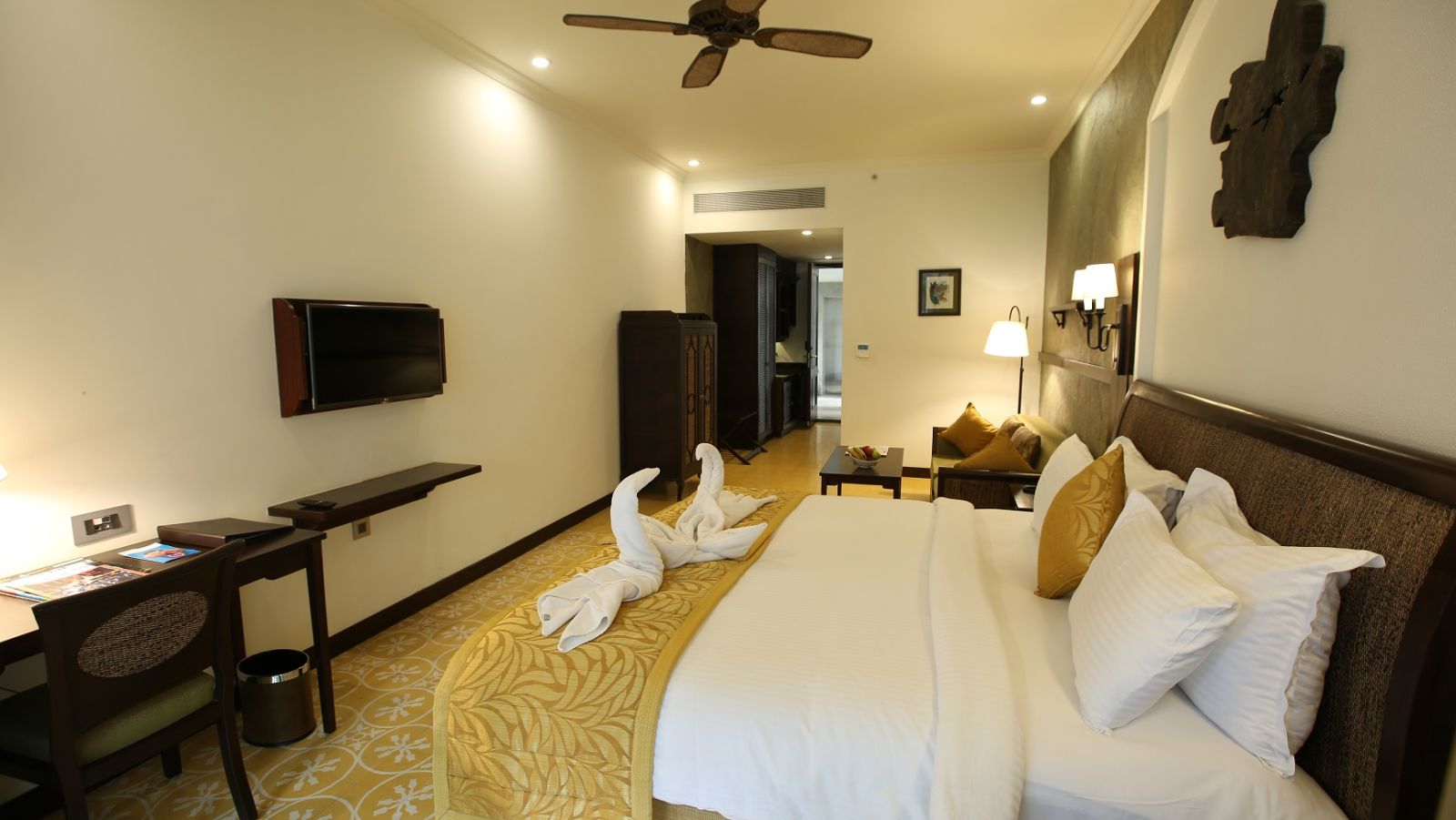 Bedroom with black and white furnishing