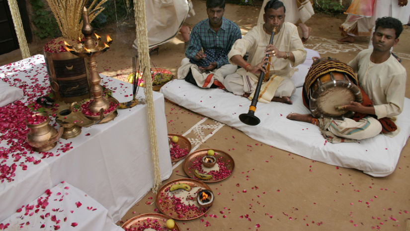 The Ramgarh Bungalows - a group of musicians with musical instruments playing during wedding celebration