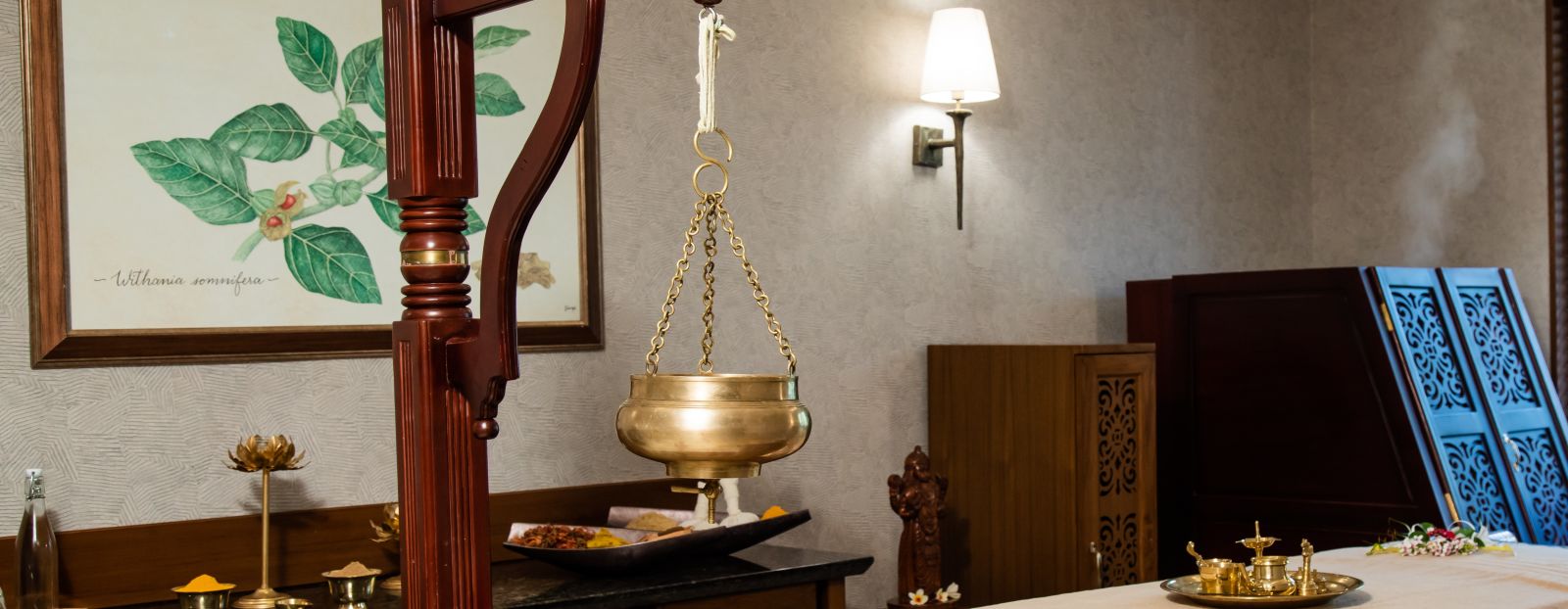 a spa room set up for an Ayurveda therapy session