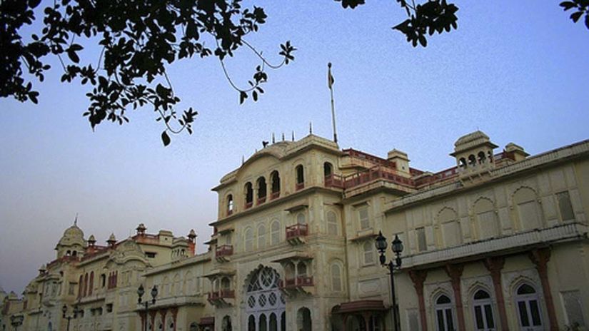 Facade of the Moti Bagh Palace and the blue sky in the background