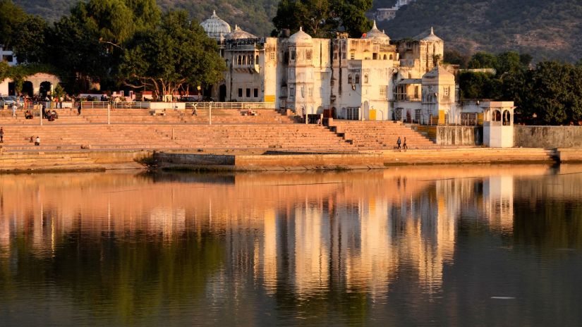 Pushkar temple reflected on the pushkar lake 