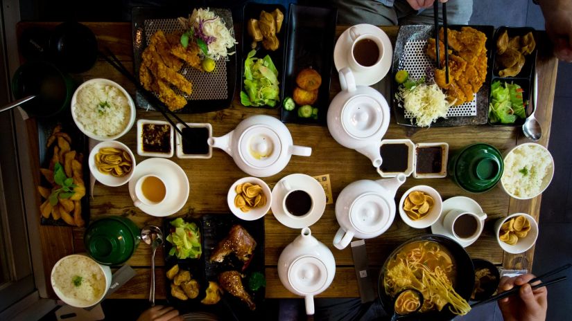 table full of food and drinks