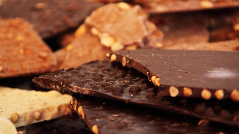 Assortment of chocolate bars with nuts on a dark background.