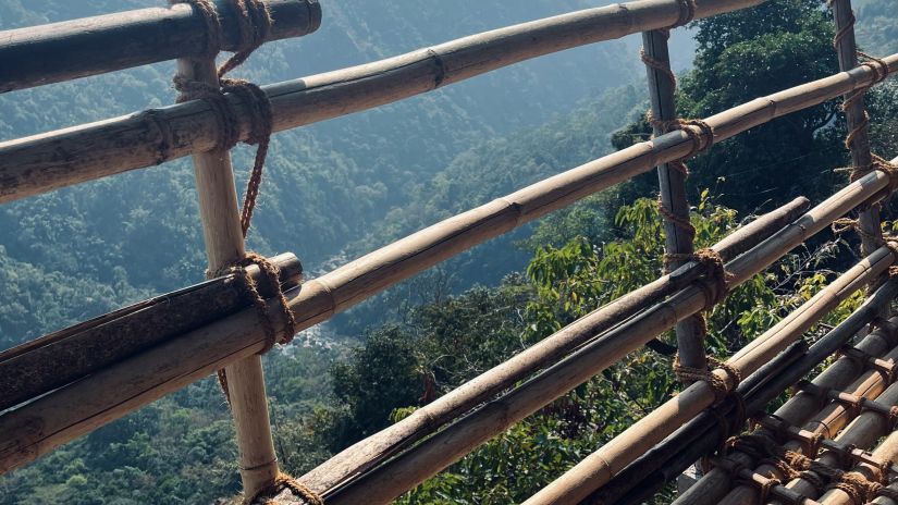 an overview of bamboo barricades in the bamboo trail with mountains in the background