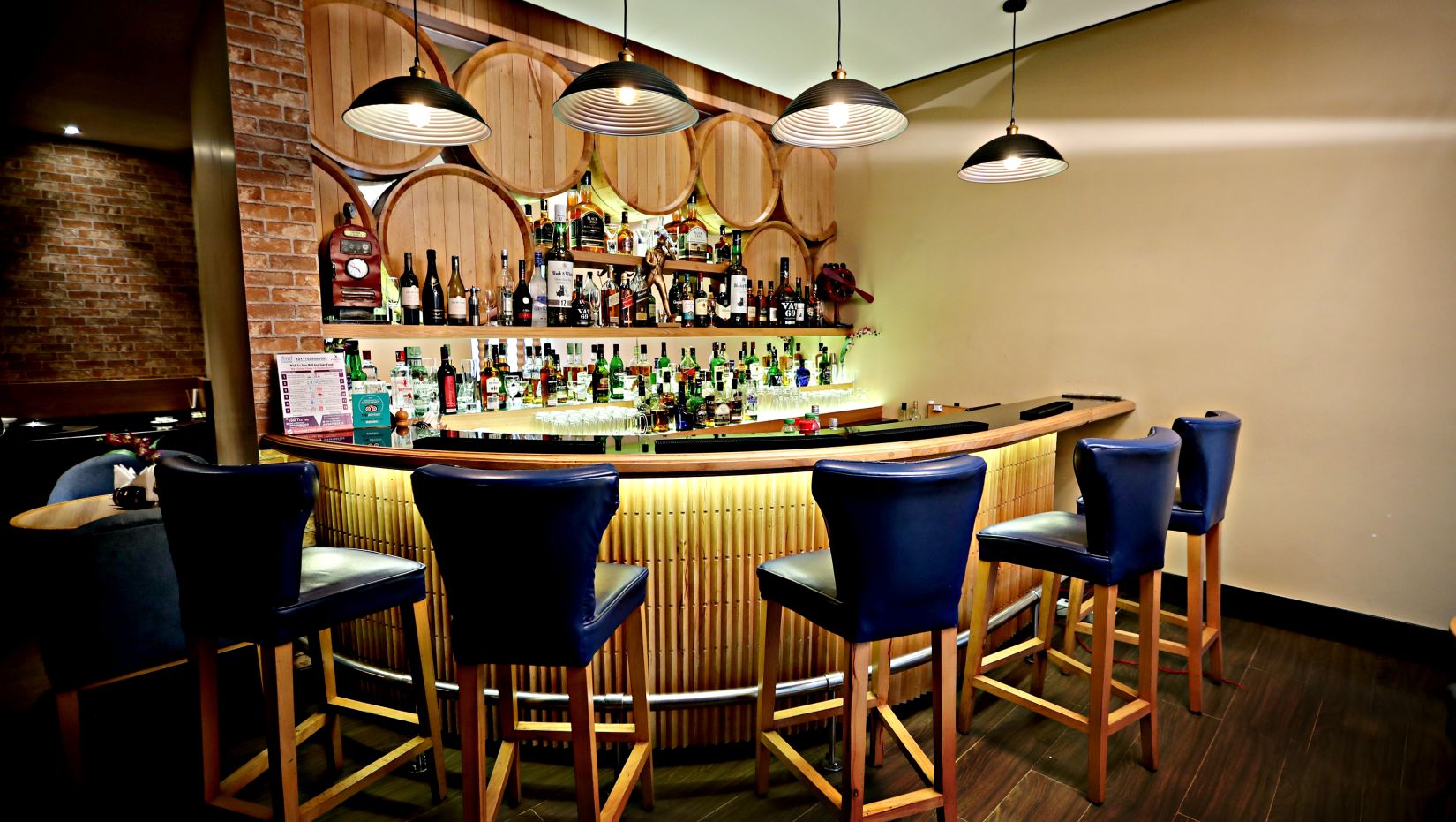 the bar counter at Wood House bar in Vizag