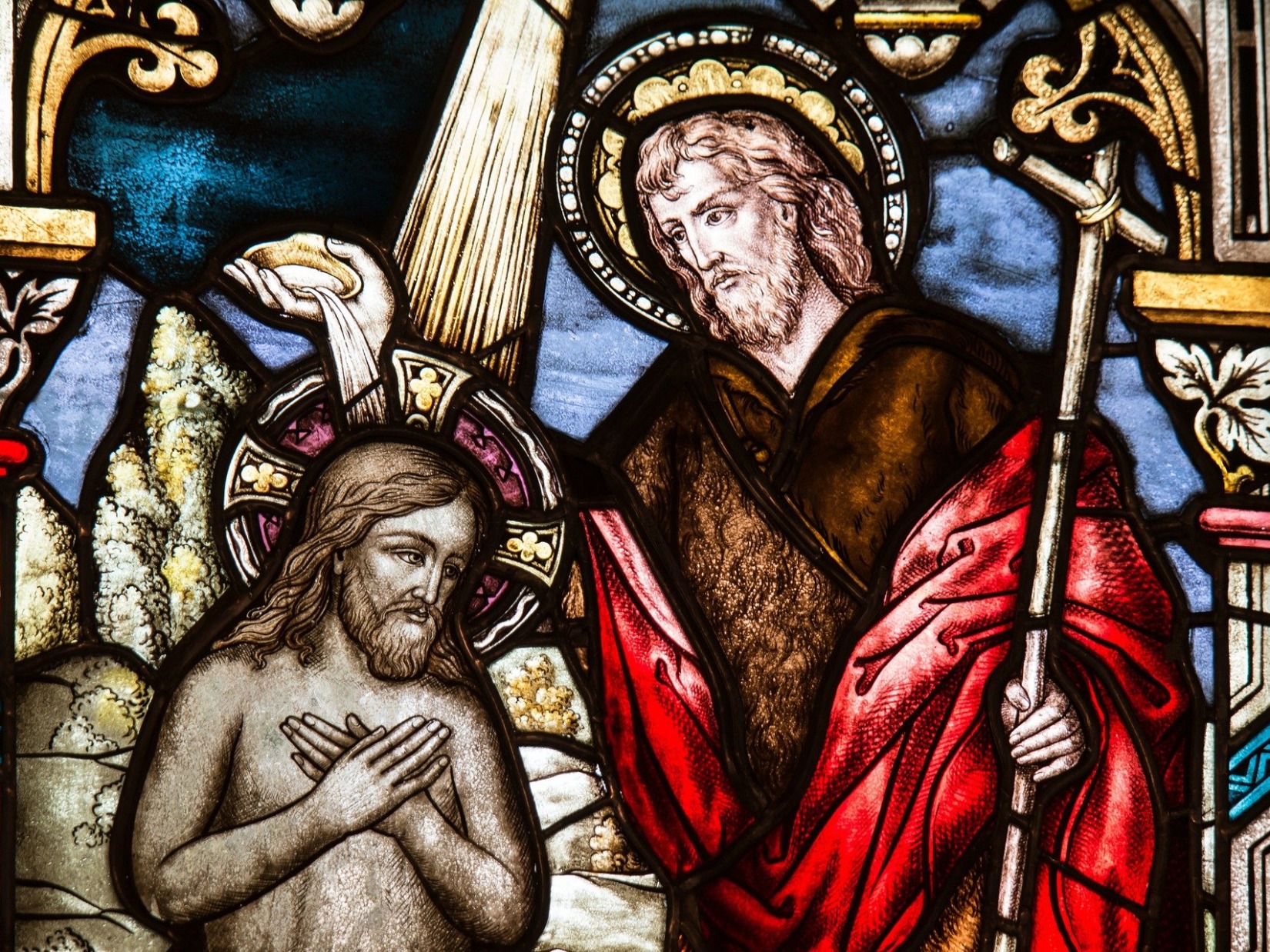 stained glass painting of the baptism of Jesus