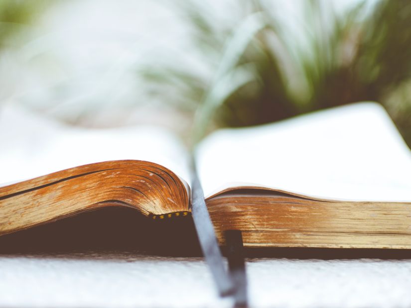 a close up shot of an open book with a bookmark