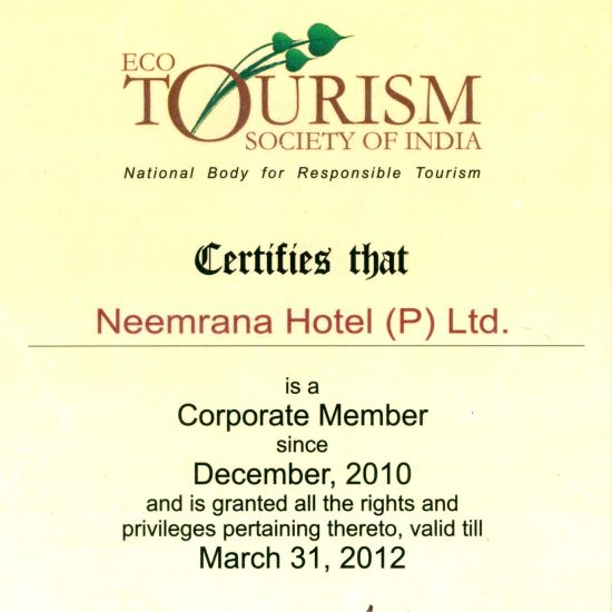 2012 Tourism society of India certificate to NHPL - March-2012