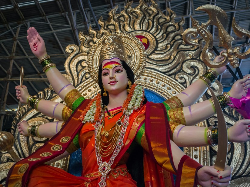 Powerful idol of the Indian Goddess - Sri Durga during Durga pooja.