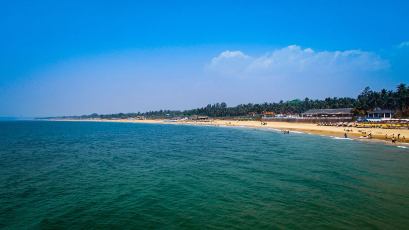 a far out view of candolim beach with the shore line and trees in the background