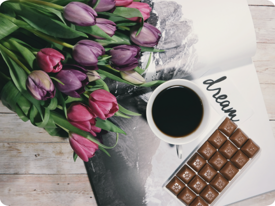 coffee, chocolates and flowers