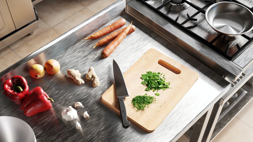 raw vegetables and a chopping board