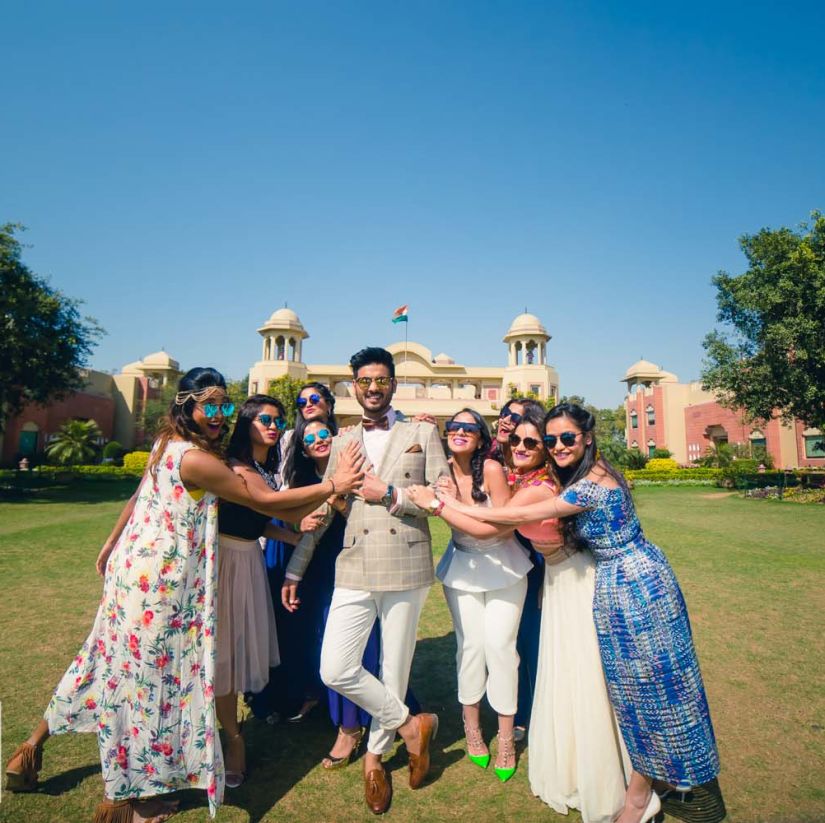 bridesmaids and groom at a pre-wedding function