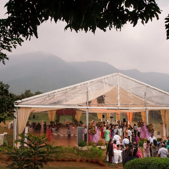 alt-text overview of the wedding tent area with decoration at Black Thunder, Coimbatore