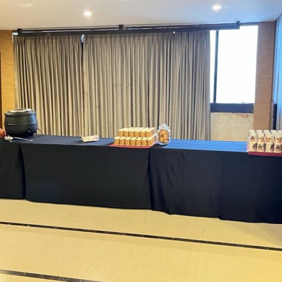 alt-text tables in the banquet hall dedicated to beverages like soups and soft drinks