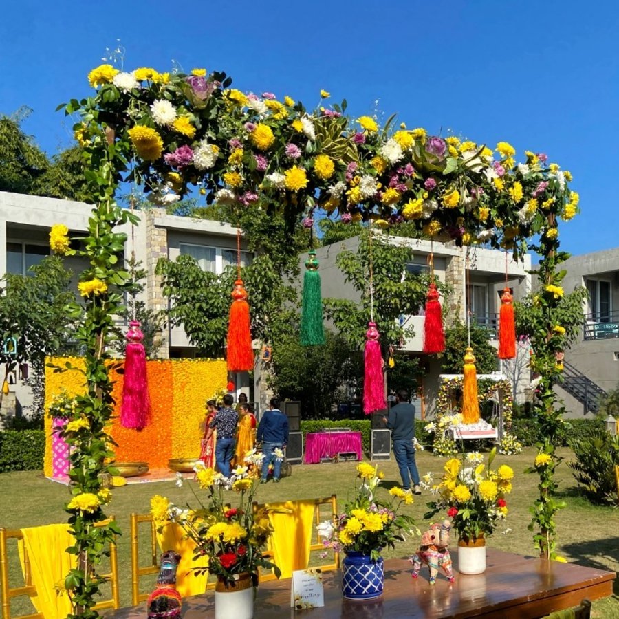 an event space decorated with wooden tables and flower carnations captured under clear blue sky - the golden tusk