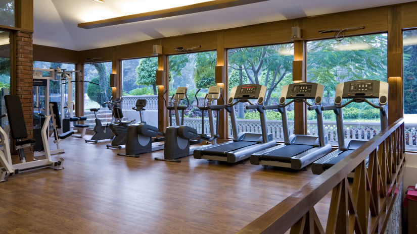 The treadmills and elliptical instruments at the well-equipped gym of Hotel Clarks Amer, Jaipur 