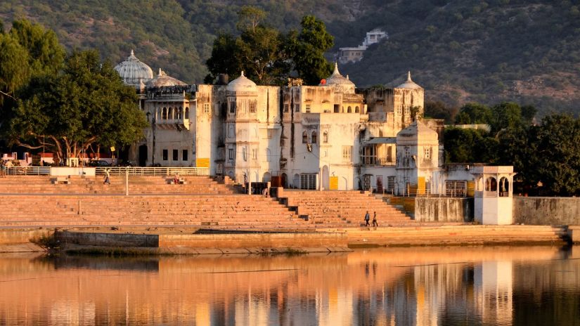 Pushkar temple reflected on the pushkar lake 