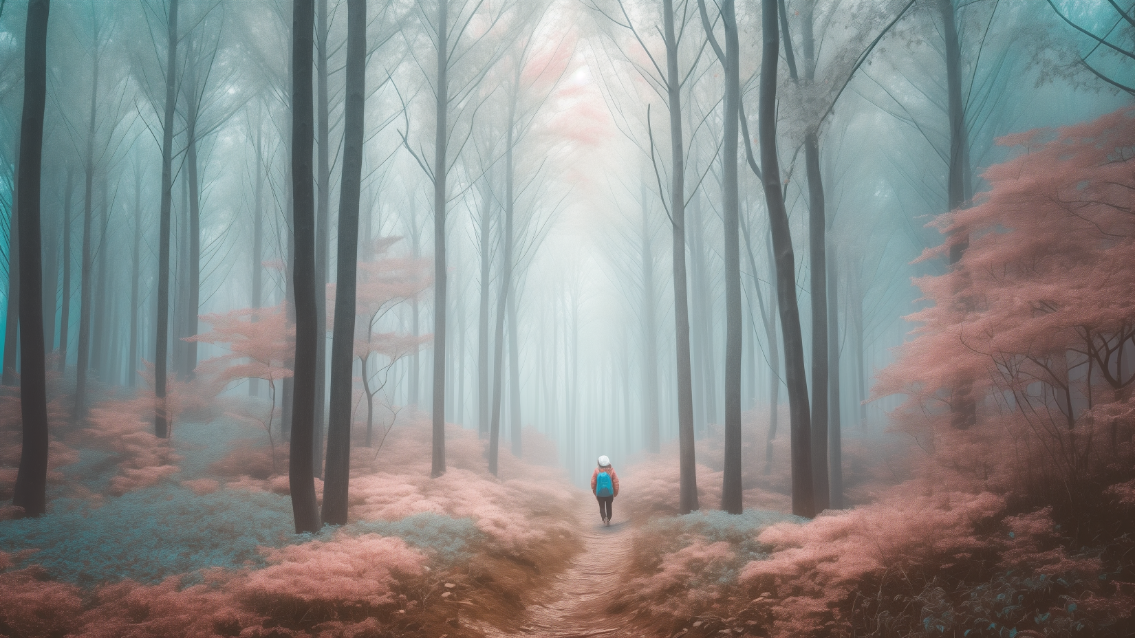 A person walking in a foggy pink forest.