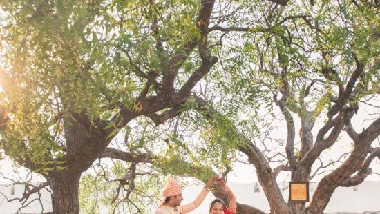 bride and groom dancing under trees 