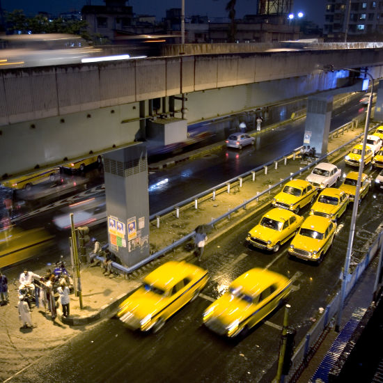 overhead view of yellow taxis