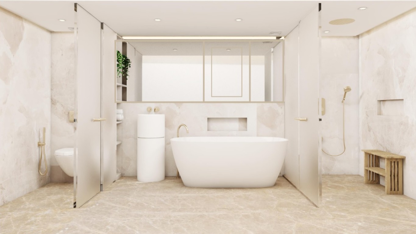 Shower area with bath tub and wooden table at Hablis Hotel, Chennai