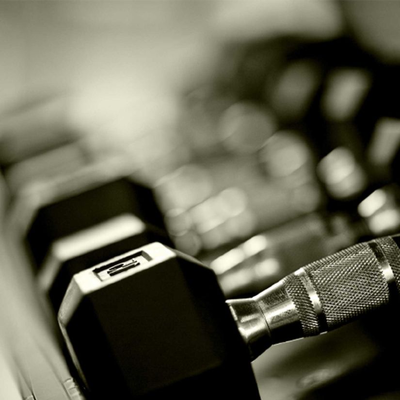 black dumbbells kept side by side at a gym