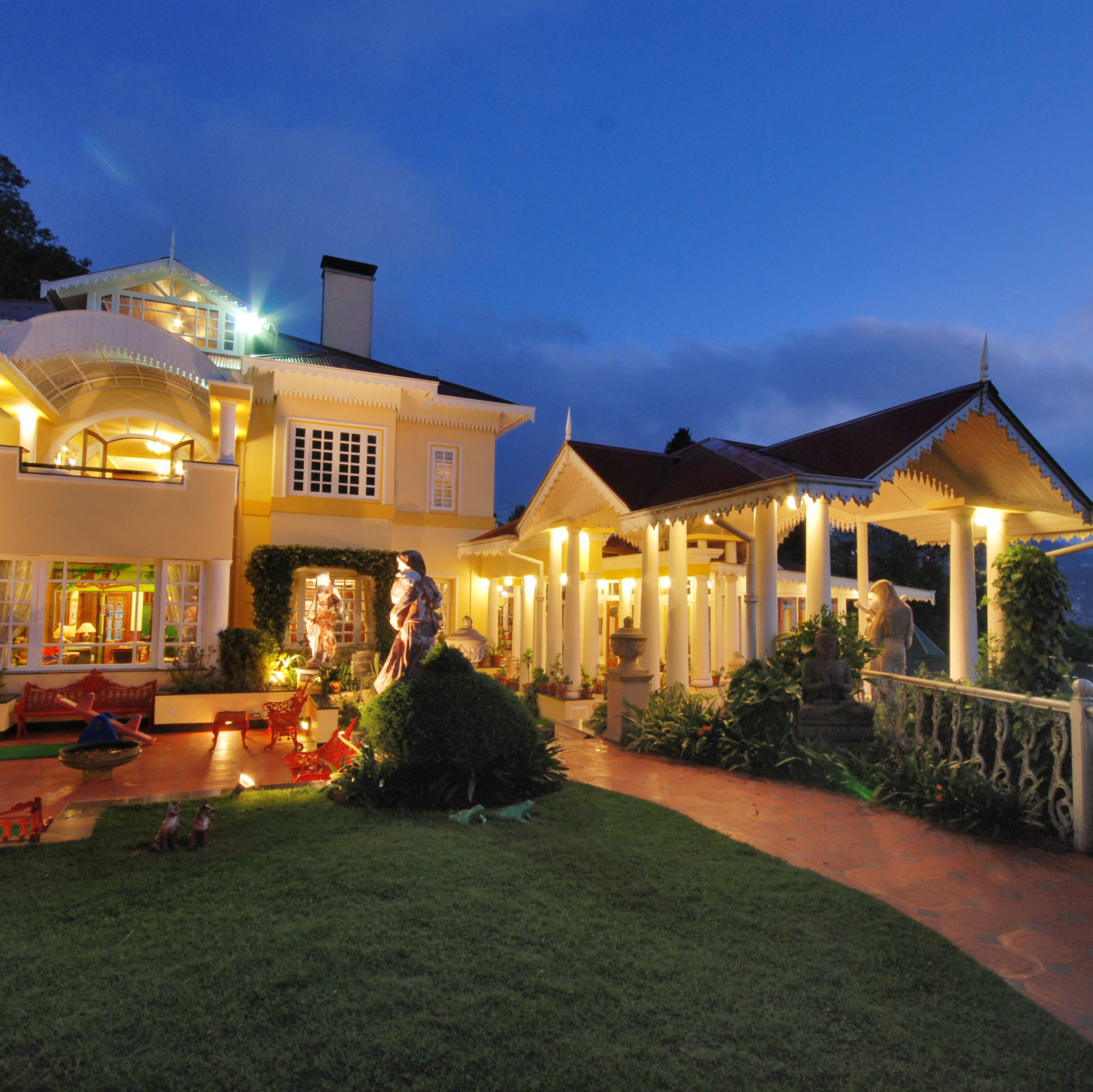 exterior facade of the resort during night time - Mayfair Hill Resort, Darjeeling - Best Private Destinations Wedding Venue Darjeeling